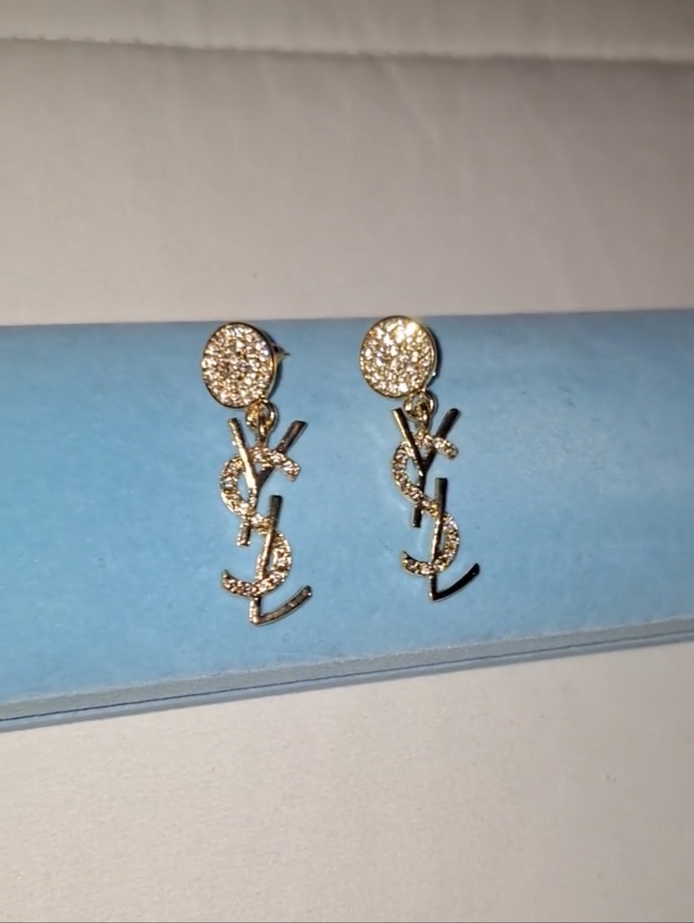 (Y) Gold (S) Crystal (L) Logo Drop Earrings